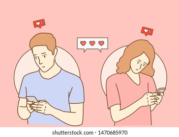 Man and woman fallen in love, man and woman pointing finger. Vector illustrations.