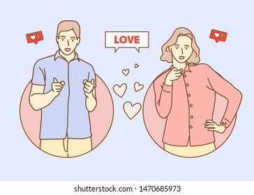 Man and woman fallen in love, man and woman pointing finger. Vector illustrations.