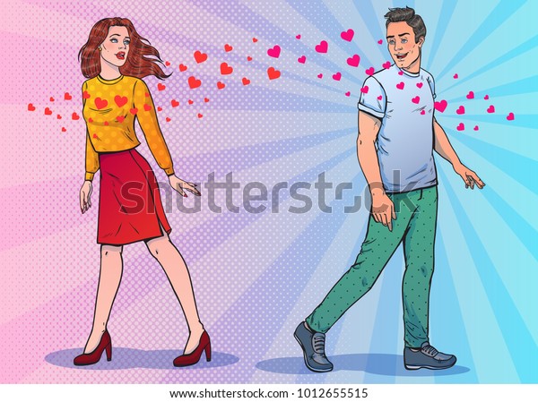 Man and woman fallen in love. Saw each other on\
the street. Love at first sight. Vector illustration. Love theme.\
Pop art style.
