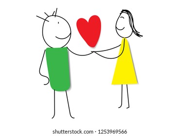 Man and woman falling in love with big red heart. Colorful lovely cute hand drawing cartoon love for card background and wallpaper. Vector lovely design kids.