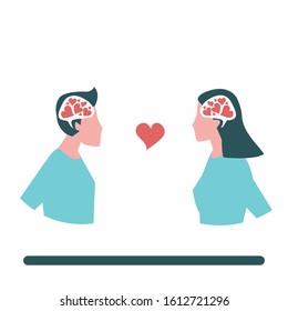 man and woman falling in love brain and heart cute cartoon flat isolate lifestyle vector