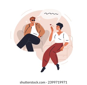 Hombre y mujer enamorándose, coqueteando. Joven chico de la mierda besando al aire. Valentinas enamoradas en relaciones románticas, comunicación. Ilustración vectorial gráfica plana aislada en fondo blanco