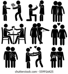 Man and Woman Falling in Love Together. Set of Romantic Icons with Couple Having Happy Moments in Love. Stick Figure Vector Pictogram