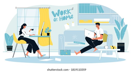 Man Woman Family Couple Enjoy Remote Work, Business Training Course At Home Office Workplace Landing Page Design Layout. Convenient Workspace. Self Employed People, Flexible Schedule Concept