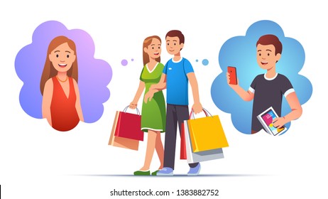 Man & woman family couple walking hand in hand holding many shopping bags. Anticipating imagining opening and tying out their purchases. Shopper lifestyle. Flat style vector character illustration