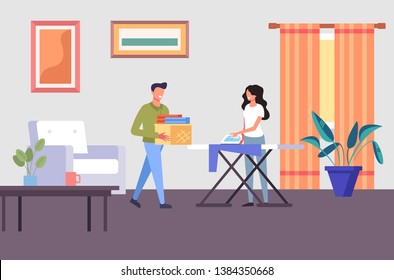 Man and woman family ironing cloth together. House work concept. Vector flat graphic design cartoon illustration