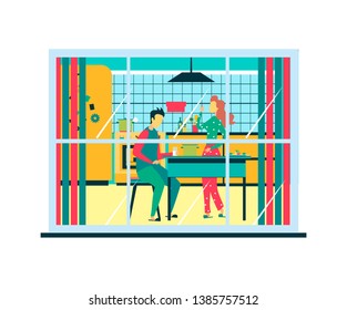 Man Woman Family Relationships Vector Illustration Cartoon Flat Style Married Couple Having Dinner or Supper in Kitchen Husband Sitting at Table Wife Talking Sharing Plans News View from Window