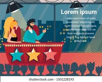 Man and Woman Famous and Popular Talent Show Judges Sitting at Desk with Buttons and Glowing Stars on Program Broadcasting. Celebrities Judging Participants Cartoon Flat Vector Illustration, Banner