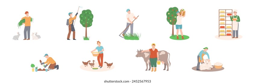 Man and Woman Farmer Character Engaged in Agriculture Work Vector Set