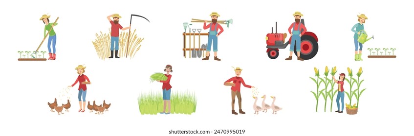 Man and Woman Farmer Character Enjoy Agriculture Work Vector Set
