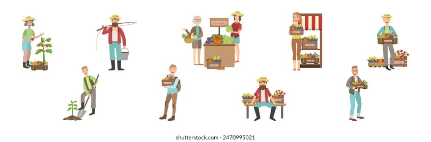 Man and Woman Farmer Character Sell Local Food Vector Set