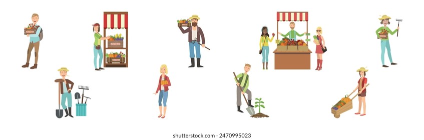 Man and Woman Farmer Character Sell Local Food Vector Set