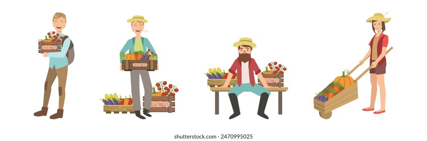 Man and Woman Farmer Character Sell Local Food Vector Set