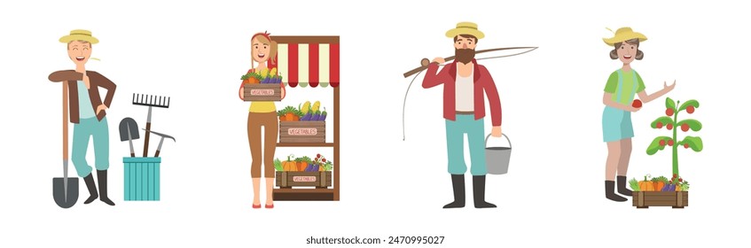 Man and Woman Farmer Character Sell Local Food Vector Set