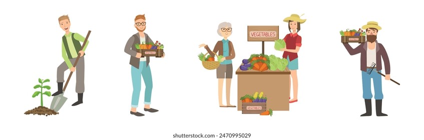 Man and Woman Farmer Character Sell Local Food Vector Set