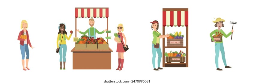 Man and Woman Farmer Character Sell Local Food Vector Set