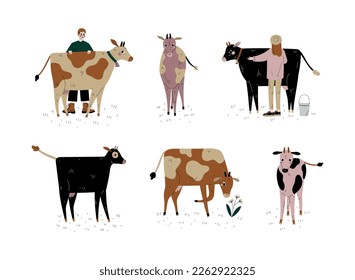 Man and Woman Farmer with Milk Cow Grazing on Pasture as Dairy Cattle Breeding and Farming Vector Set