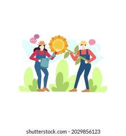 man and woman farmer are talking about sunflower plant care people character flat design vector illustration