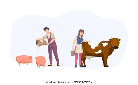 Man and woman farmers feeding pigs and milking cow set. Workers fattening taking care of farm animals. Agricultural animals breeding, animal husbandry flat vector