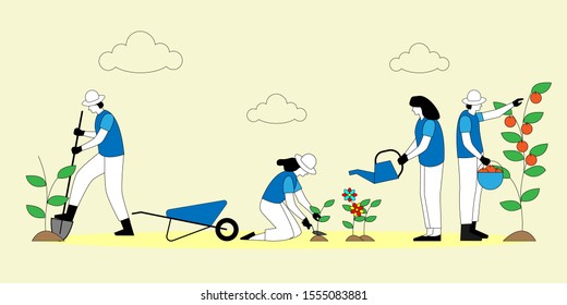 Man and Woman Farmers, Gardeners Planting and Caring of Tree Sprout, Flat Vector Illustration