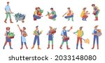 Man and woman farmers with harvest isolated flat cartoon characters. Vector people holding fruits and vegetables, local workers, nature and agriculture. Agronomist and gardener with organic products