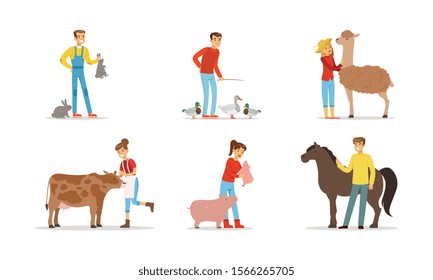 Man and Woman Farmers Taking Care About Domestic Animals on the Farm Vector Illustrations Set