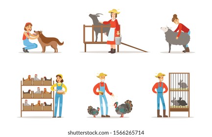 Man and Woman Farmers Taking Care About Domestic Animals on the Farm Vector Illustrations Set.