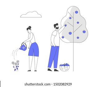 Man and Woman Farmers Working in Garden Watering Flowers and Pick Apple Harvest to Basket. Gardeners Characters Harvesting Ripe Fruits from Tree in Country. Cartoon Flat Vector Illustration, Line Art