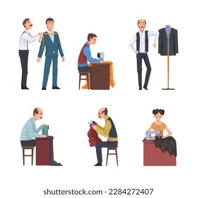 Man and Woman Fashion Designer or Tailor Working with Fabric and Client Vector Set
