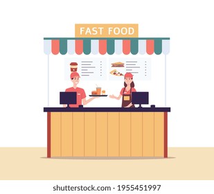 Man and woman fast food workers behind counter flat vector illustration isolated.