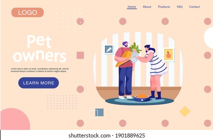 Man and woman feeding domestic pet hare with carrot. Happy family couple with food for the rabbit. Group of people in love giving vegetable to the bunny. Rabbit sitting on hands of male character