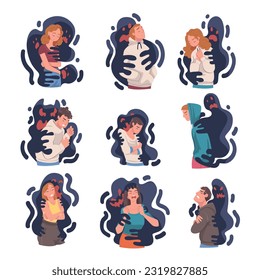 Man and Woman Feeling Fear, Anger and Malice Grasped by Dark Inner Monster Vector Set