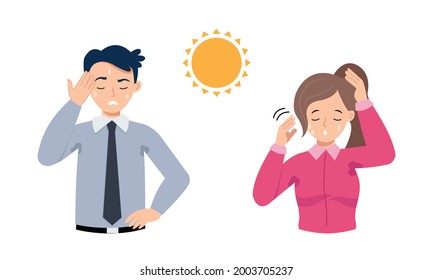 Man and woman feels hot and wiping their sweat. Flat vector cartoon design