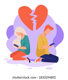 Man and woman fell out of love not talking. Boyfriend and girlfriend in quarrel using smartphones. Broken heart pieces, separation of partners or rejection. Depressed youth, vector in flat style