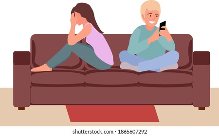 Man and woman fell out of love not talking. Boyfriend and girlfriend in quarrel. Boy using smartphone. Separation of partners or rejection. Depressed youth, vector in flat style