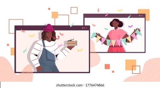 Man Woman In Festive Hats Celebrating Online Birthday Party African American Couple In Computer Windows Having Fun Celebration Self Isolation Virtual Meeting Concept Portrait Horizontal Vector