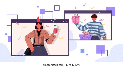 man woman in festive hats celebrating online birthday party couple in computer windows having fun celebration self isolation virtual meeting concept portrait horizontal vector illustration