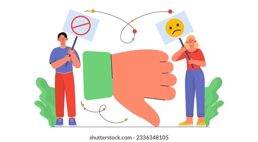 Man and woman with fiasco concept. Young guy and girl with plates with emoji and crossed round. Refusal and failure, mistake. Negative work review and feedback. Cartoon flat vector illustration