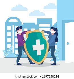 man and woman fighting coronavirus with a big shield over city buildings background, colorful design, vector illustration