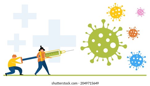 Man and woman fighting with coronavirus using vaccine injection bow prick. Virologists in uniform protecting people from covid-19 corona virus concept. Research process vector illustration.