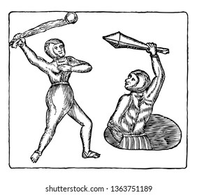 A man and a woman fighting each other. The man is sitting and one of his hands was tied to his back, vintage line drawing or engraving illustration.
