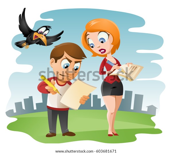 Man and\
woman fills in the form (such as  questionnaire, tax form etc).\
Cartoon styled vector illustration.  Elements is grouped and\
divided into layers. No transparent\
objects.