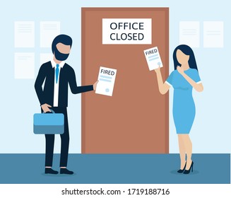 Man and woman are fired. dismissal, severance, termination in case of coronavirus or virus COVID-19. Unemployed jobless benefit. Cartoon vector illustration. Flat style.