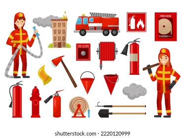 Man and Woman Firefighter in Uniform with Tools and Equipment Big Vector Set