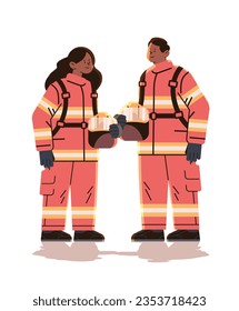 man woman firefighters in uniform emergency service happy labor day celebration concept vertical full length