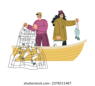 Man and Woman Fishing with Net on Lake Sailing in Boat Vector Illustration