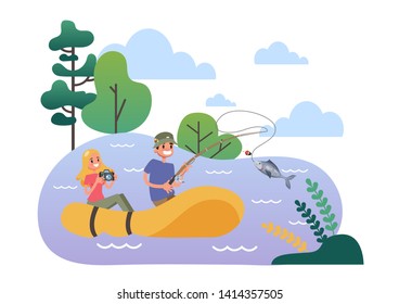 Man and woman in the fishing rubber boat. Summer outdoor activity on the nature. Guy catch fish in lake or river. Vector illustration in cartoon style