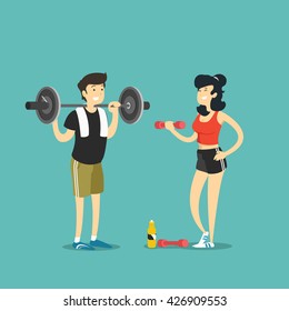 Man and woman at fitness club. Vector illustration.