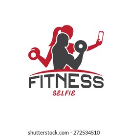 man and woman of fitness silhouette character make selfie vector design template