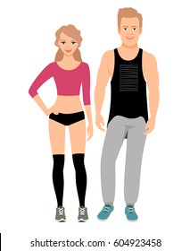 Man and woman in fitness and sport clothes on white background. Vector illustration